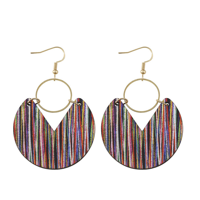 Wholesale Blue dyed printed earrings Bohemian earrings double-sided wooden geometric stripes splicing female earrings