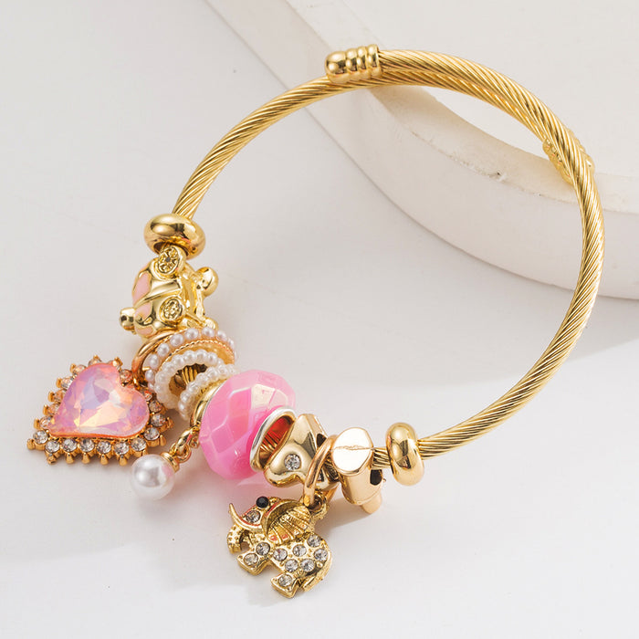 Wholesale Trendy Elephant Heart Pendant Bracelet Pink Alloy Diamond Set Adjustable Jewelry Accessory