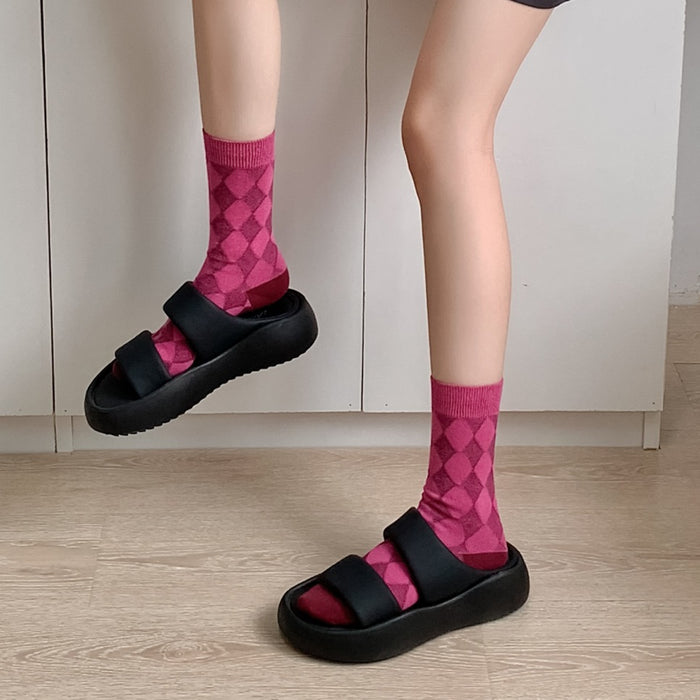 Wholesale Thick thread double needle socks, mid tube socks, striped retro niche socks