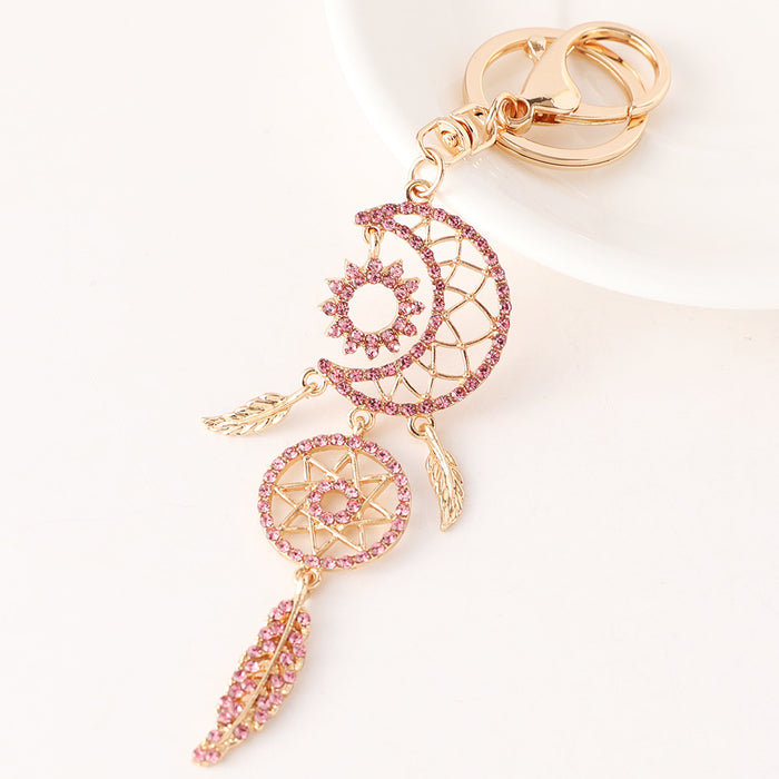 Wholesale Rhinestone Moon Dream Catcher Keychain Bag Charm Alloy Pink Car Accessory Gift MOQ≥2