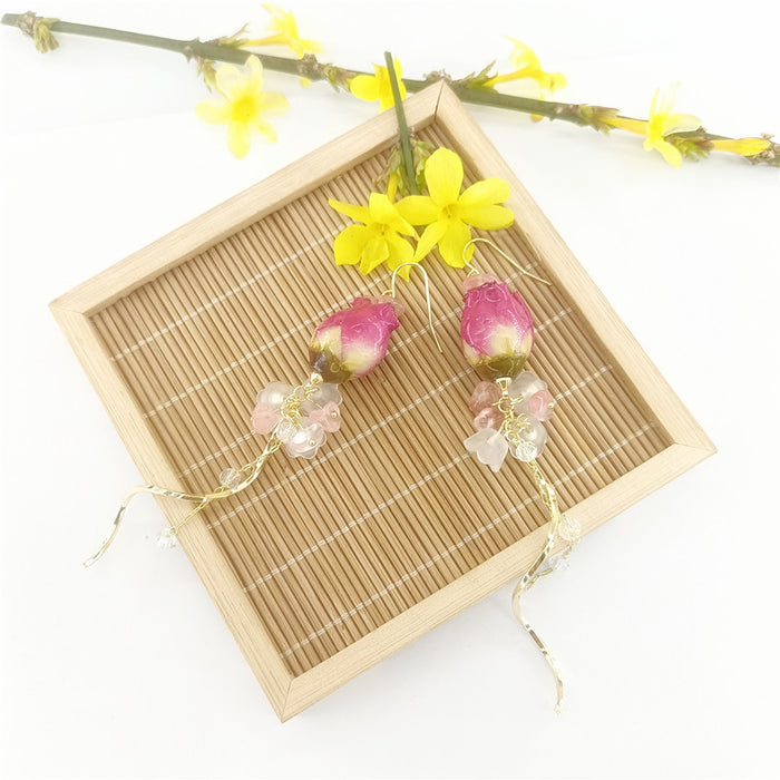 Wholesale New Eternal Flower Rose Earrings Vintage Super Fairy Long Versatile True Flower Earrings Eardrops Earclips