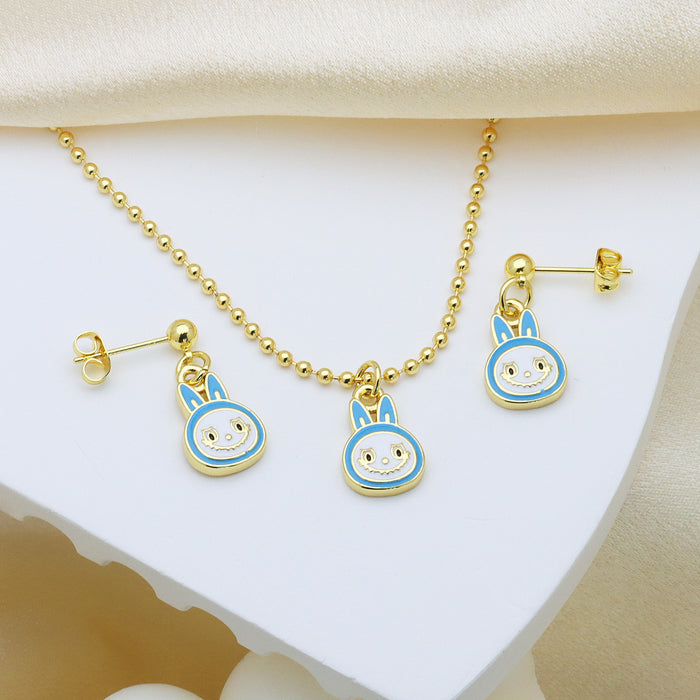 Wholesale Cartoon Cat Color Dripping Oil Brass Pendant Pendant Ball Chain Cute Earrings Set