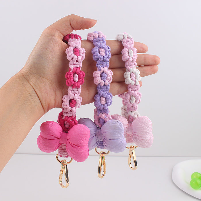 Wholesale Cotton-Filled Bow Mobile Phone Pendant Braided Mobile Phone Chain Small  Flower Braided Rope Keychain Bag