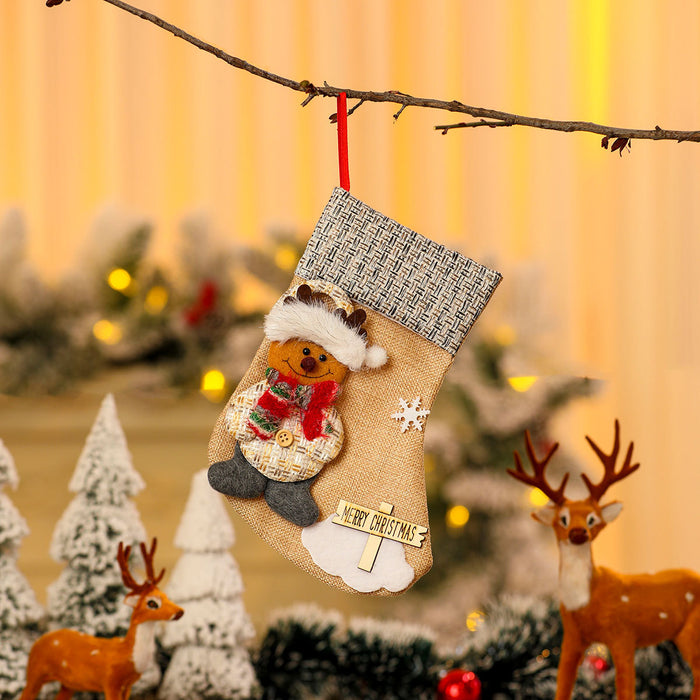 Wholesale Cross-Border New Small Linen Christmas Socks Wooden Sign Cartoon Christmas Socks Candy Bag Gift Bag Small Pendant