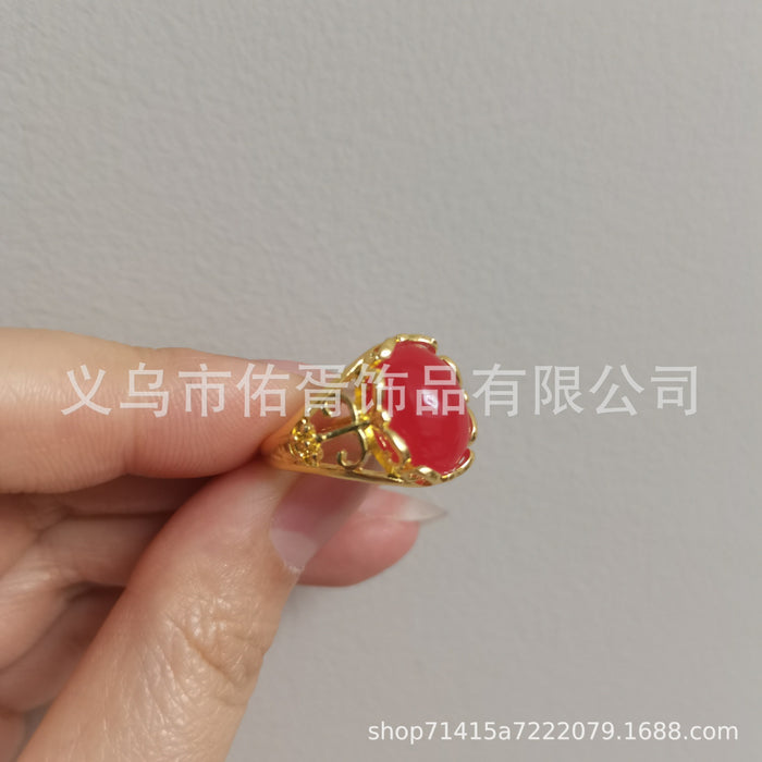 Wholesale New Grandmother Imitation Green Jadeite Ring with Temperament and Opening Imitation Red Green Agate Colored Women's Ring
