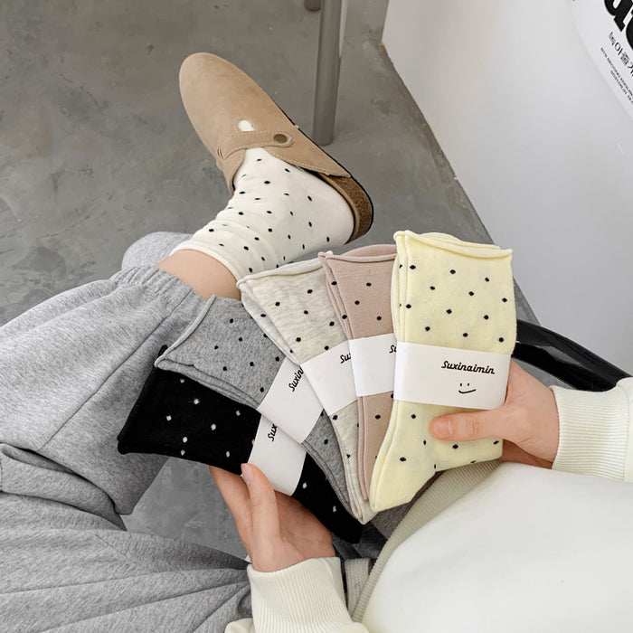 Wholesale Sweat absorbing and breathable socks with polka dot rolled edges, mid tube socks, stacked socks