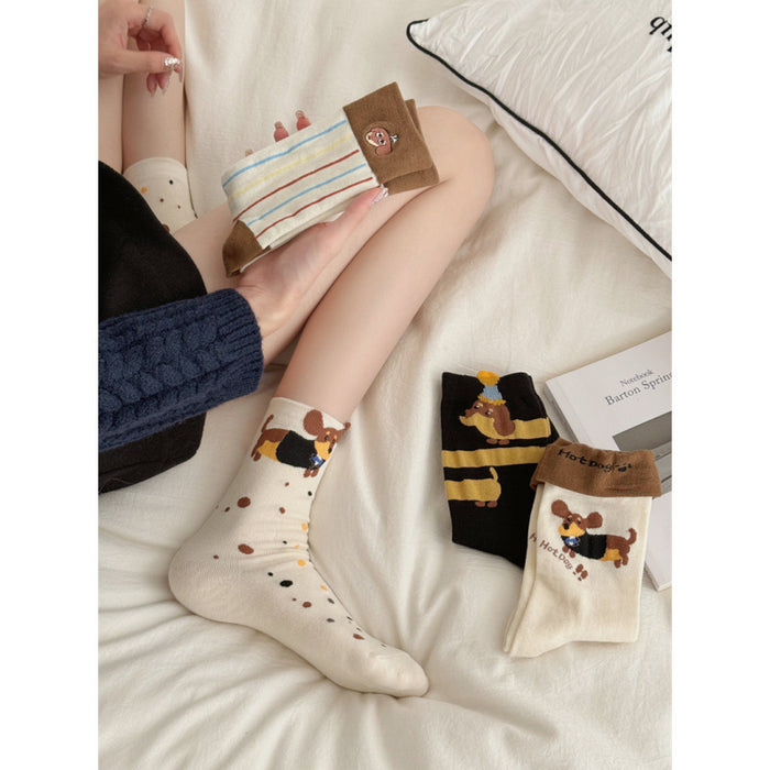 Wholesale Small dog embroidery, tube socks with folded edges, vertical stripes, stacked socks, cute and niche socks for children