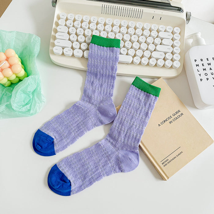 Wholesale Thin mesh breathable mid tube socks with trendy contrasting colors, long tube pile socks