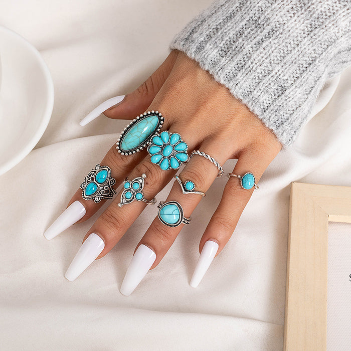 Wholesale Retro Bohemian Turquoise 8-piece Set Ring