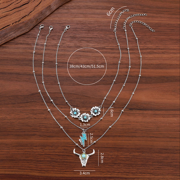 Wholesale Western cowboy retro ethnic style imitation turquoise alloy bull head combat boots hat pendant necklace
