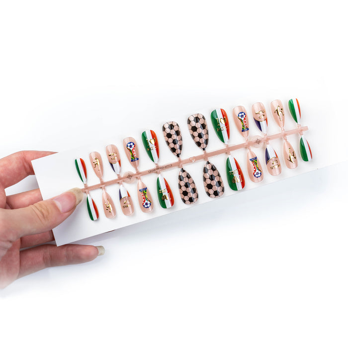 Wholesale World Cup Gold Plated Cat-Eye Football Almond Nail Art Set-24 Pieces