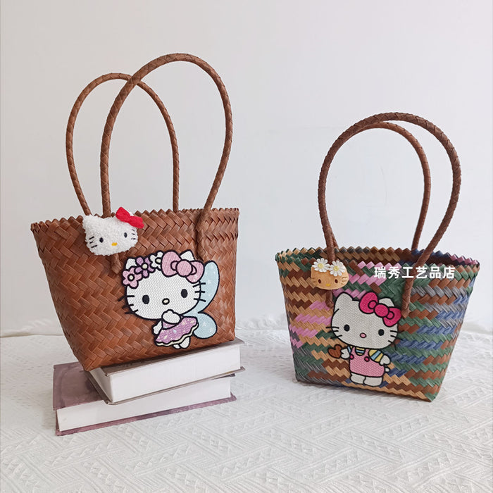 Wholesale Woven Basket Bag Shoulder Hand Bag Cute Rattan Cloth Cartoon Woven Bag