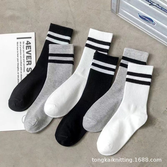 Wholesale Socks with parallel bars, mid length socks, pure cotton casual sports long socks