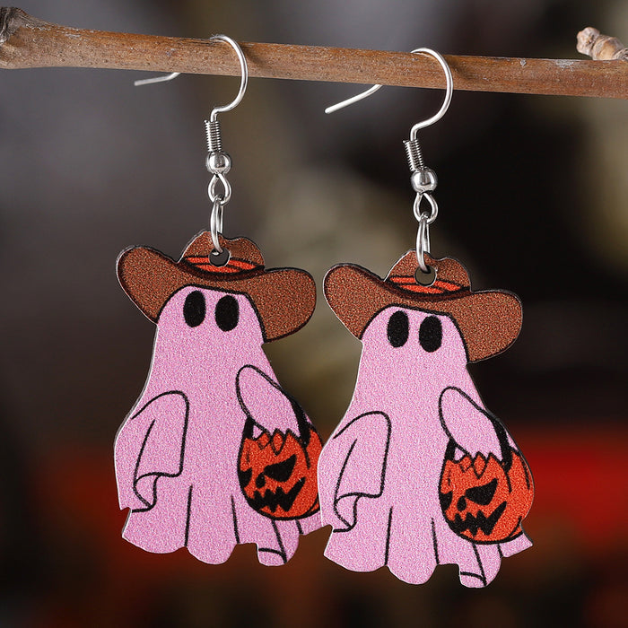 Wholesale  Western Ghost Face Pumpkin Cowboy Hat Ghost Pendant Earrings Wooden Denim Double-sided Earrings