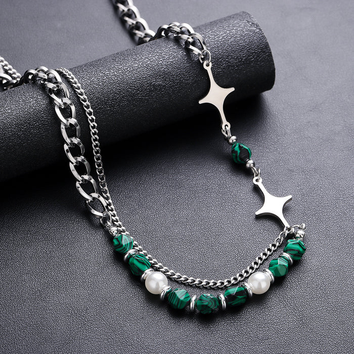 Wholesale Natural stone splicing cross star shaped necklace, collarbone chain, emerald inlaid bead accessory