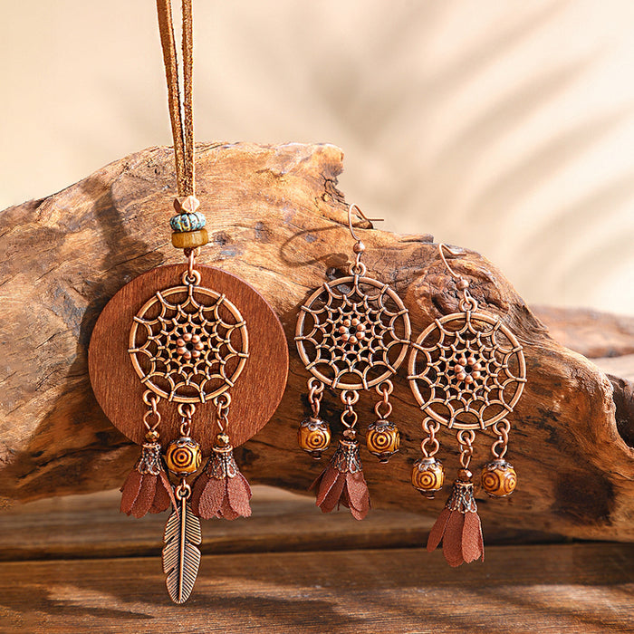 Wholesale Retro Boho Dreamcatcher Hollow Earrings and Necklace Set Fashion Jewelry MOQ≥2