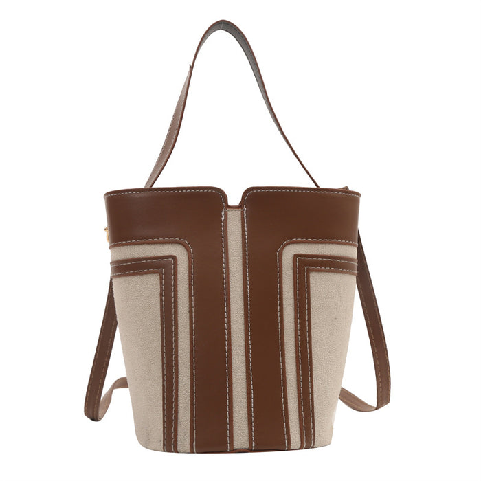 Wholesale Street Trend Khaki PU Bucket Small Spliced Bag - Fashion Accessory Gift
