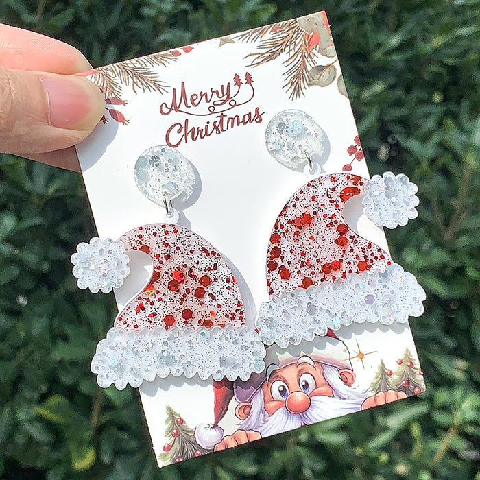 Wholesale Christmas Series Earrings Fashionable Acrylic Pink Shiny Colorful Christmas Hat Earrings