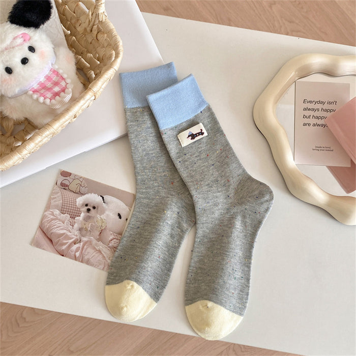 Wholesale Gray cloth label color blocked puppy mid tube socks cartoon pile socks