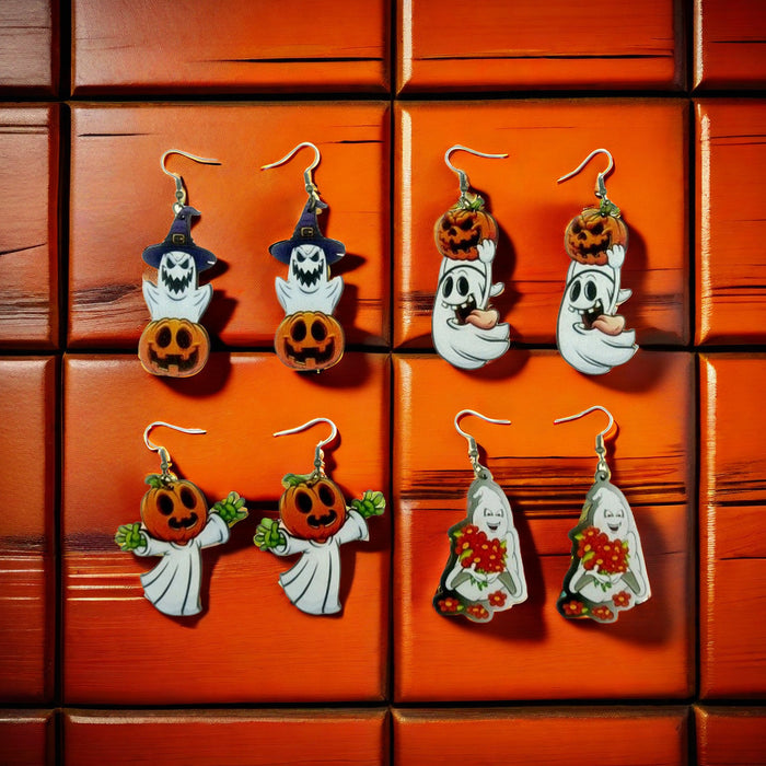 Wholesale Halloween Wooden Pumpkin Ghost Print Earrings JDC-ES-Yinxue002