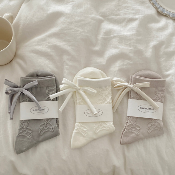 Wholesale Bow boneless socks made of pure cotton with a middle tube and stacked socks