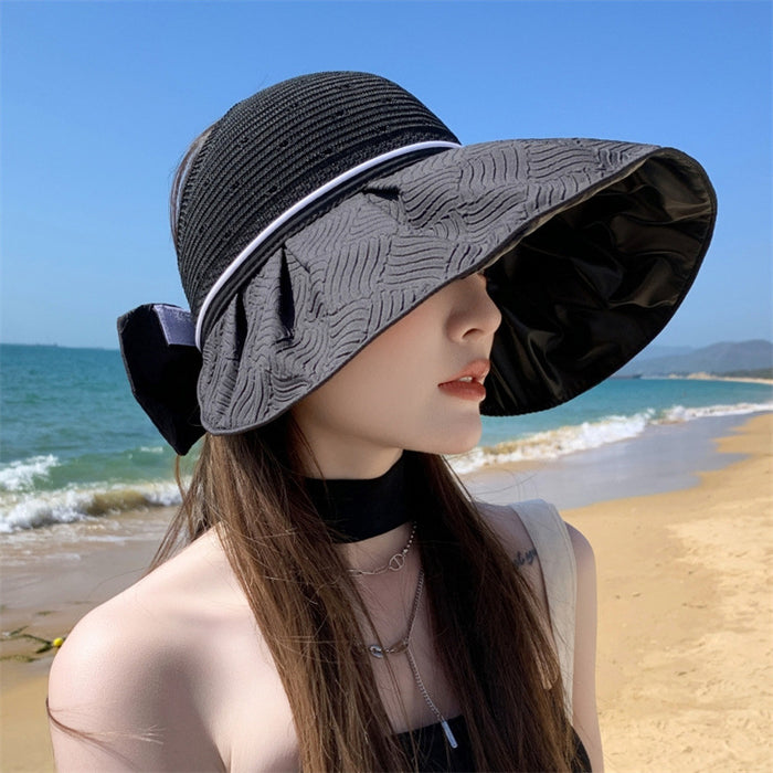 Wholesale New summer women's butterfly bow large eave hollow top hat UV resistant sun hat foldable outdoor hat