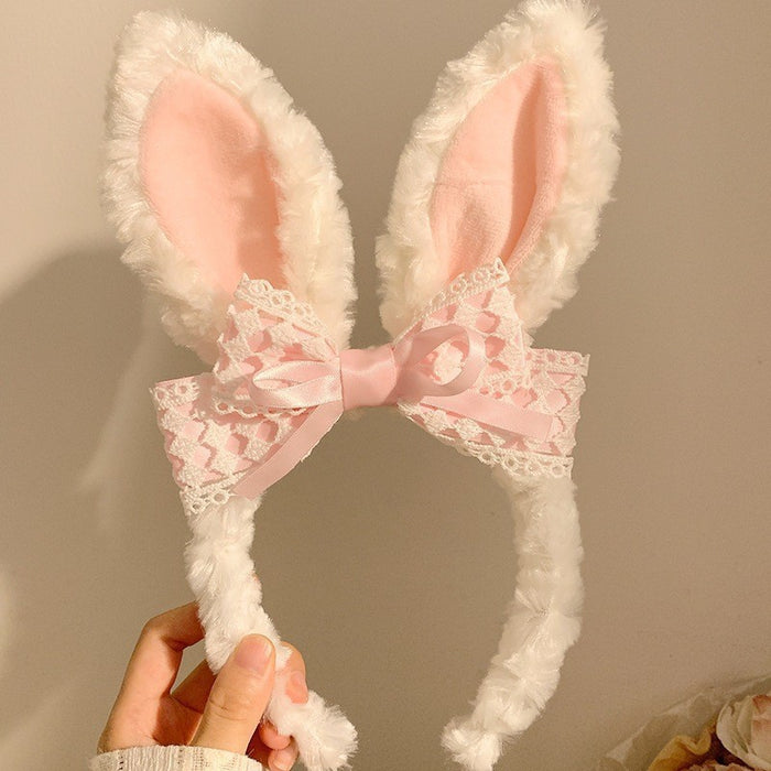Wholesale Cute bow bunny ears lace trim plush headband