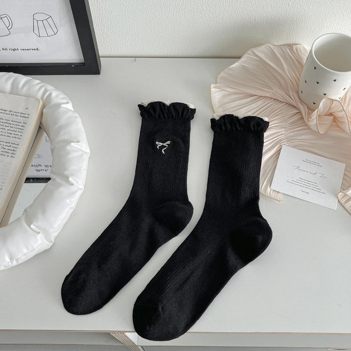 Wholesale Socks, thin, mid tube, antibacterial, hollowed out, butterfly knot embroidered, versatile socks