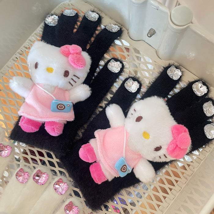 Wholesale rhinestone cute plush gloves autumn and winter girl warm knitted five-finger gloves