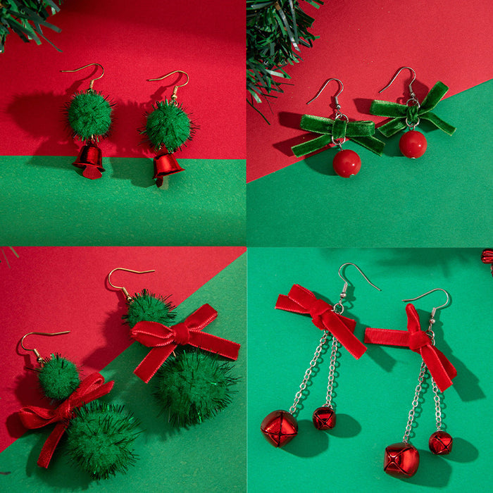 Wholesale Alloy Christmas Earrings Red Green Bow Pom-Pom Party Jewelry Accessory Gift MOQ≥2