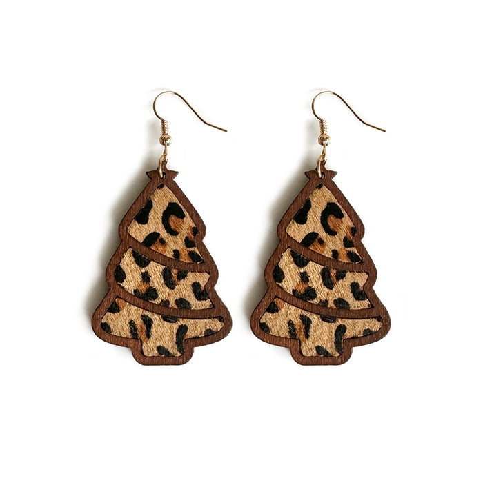 Wholesale Christmas tree leopard print horse hair earrings wood inlaid cowhide light western holiday gift