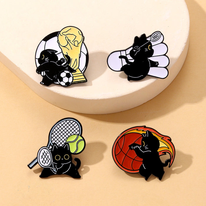 Wholesale Sports Cat Brooch Badge Cute Black Cat Badminton Tennis Football Basketball Schoolbag Decoration Oil-Drip Zinc Alloy