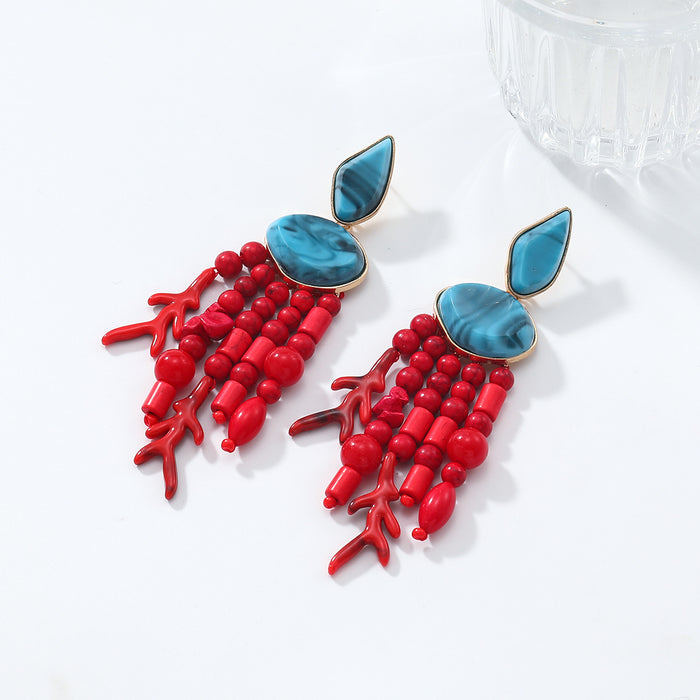 Wholesale Red Branch Tassel Multi-Layer Turquoise Earrings Resort Style Earrings