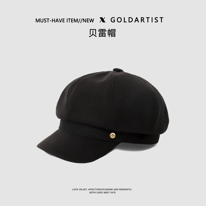 Wholesale Autumn and winter black beret women's big head circumference octagonal hat retro versatile