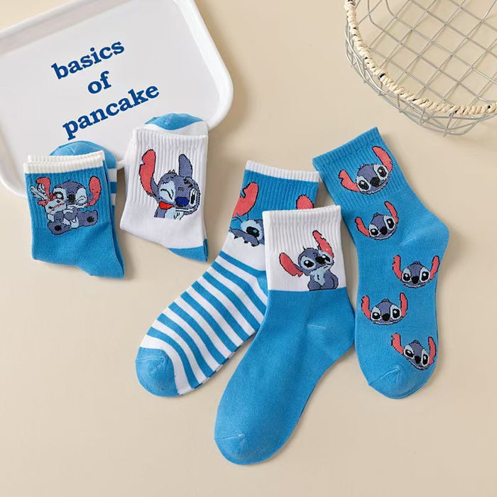 Wholesale Cute blue cartoon-print cotton-lined short striped socks for spring and autumn.