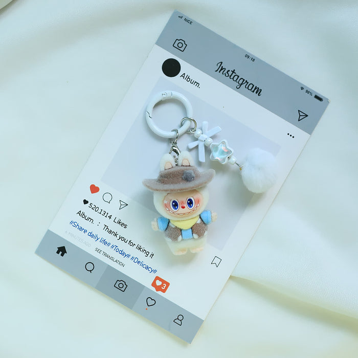 Wholesale Flocked denim car keychain doll jewelry pendant small fur ball cute grain pendant gift