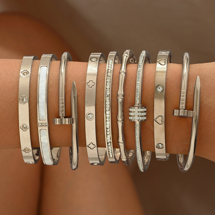Wholesale Titanium Steel Rhinestone Clover Bangle Bracelet Set Gold And Silver Fashion Jewelry