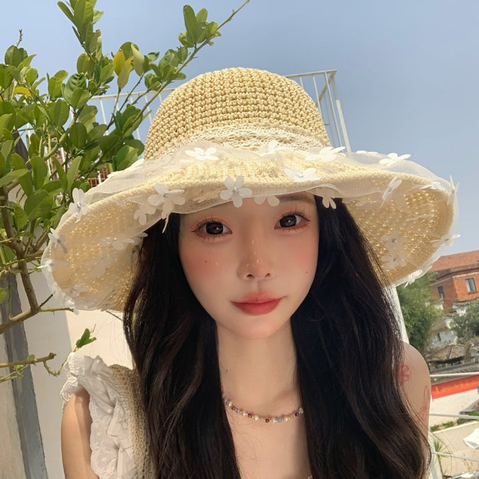 Wholesale Lace flower big grass hat versatile beach hat, sunshade and sun protection fisherman hat