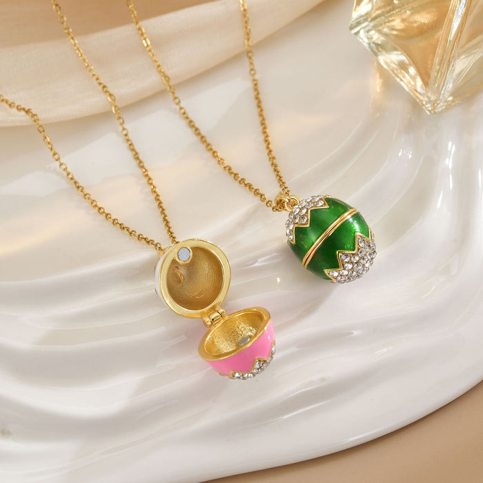 Wholesale Easter Enamel Diamond-Studded Egg Stainless Steel Necklace