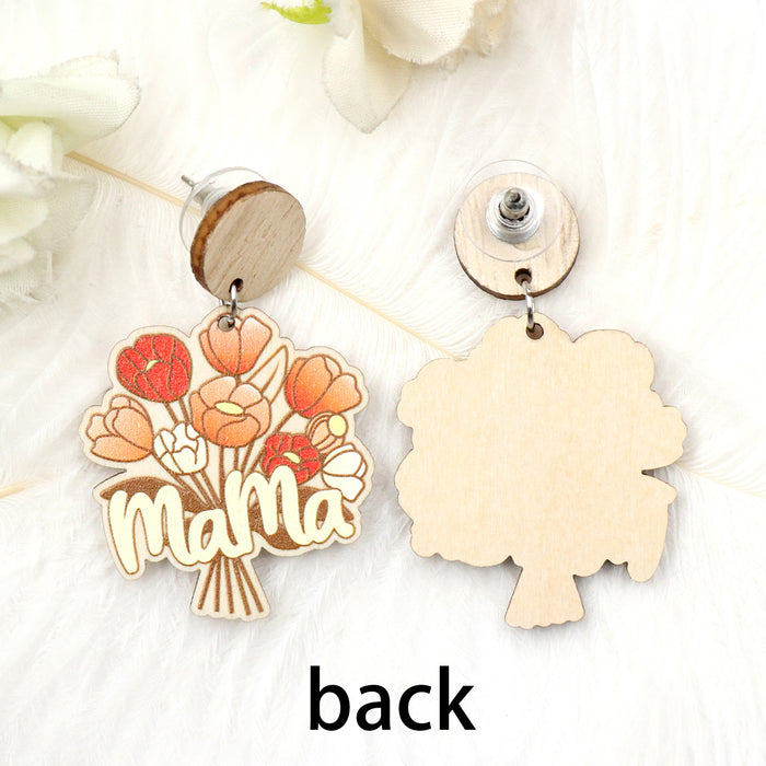 Wholesale Retro Flower Hanging MAMA Mother's Day Cute Wooden Earrings JDC-ES-XiaoYan001