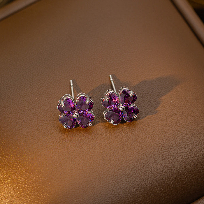 Wholesale Copper-set zircon four-leaf clover colored Titanium steel pendant necklace and earring set