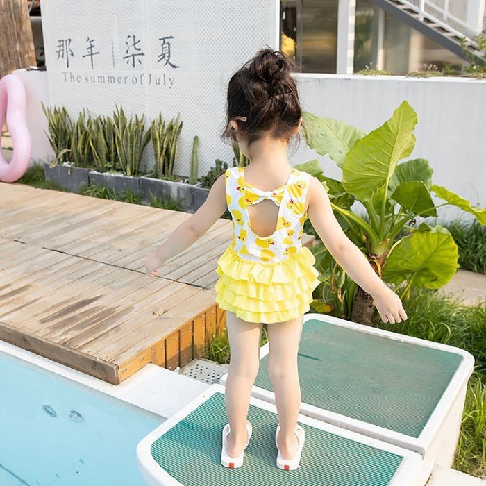 Wholesale Children's one-piece swimsuit, girl's yellow duck, baby girl's one-piece swimsuit, beach quick drying skirt