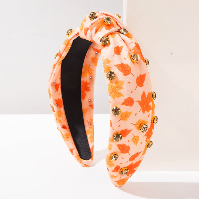 Wholesale Turkey Maple Leaf Rhinestone Printed Wide Edge Knot Hair Headband