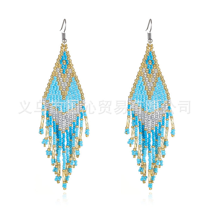 Wholesale color Bohemian rice bead earrings women' s minority ethnic hand-woven long tassel earrings