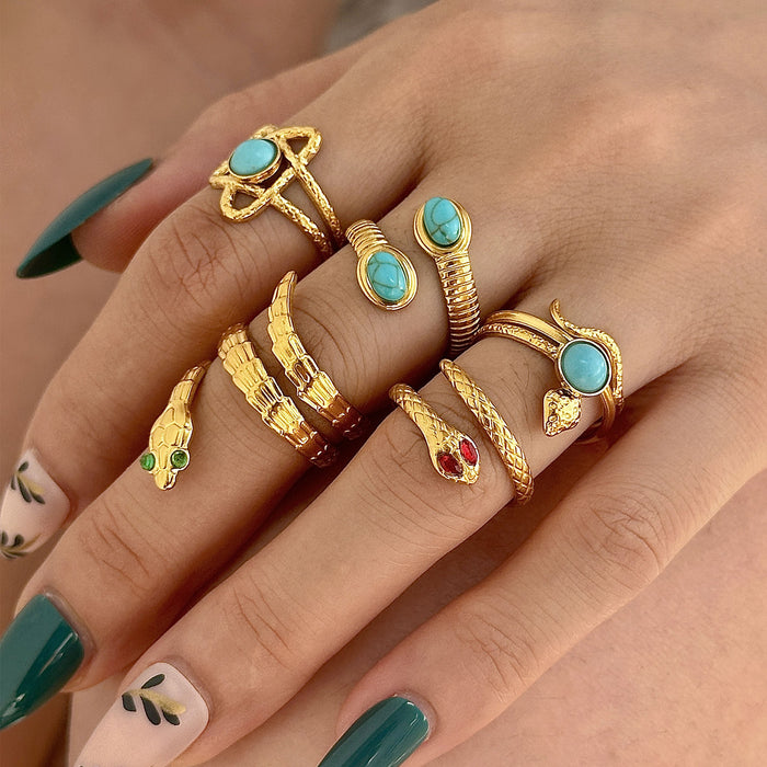 Wholesale Stainless Steel Snake-Shaped Turquoise Adjustable Rings