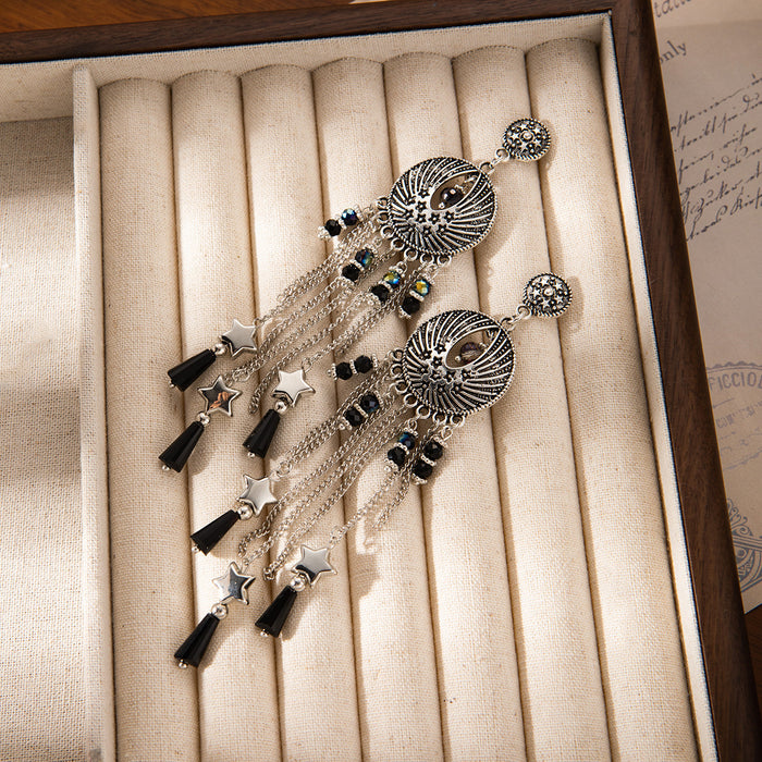 Wholesale Retro Bohemian Long Tassel Drop Earrings Heavy Industry Creative Ethnic Style Diamond-Encrusted High-End Earrings