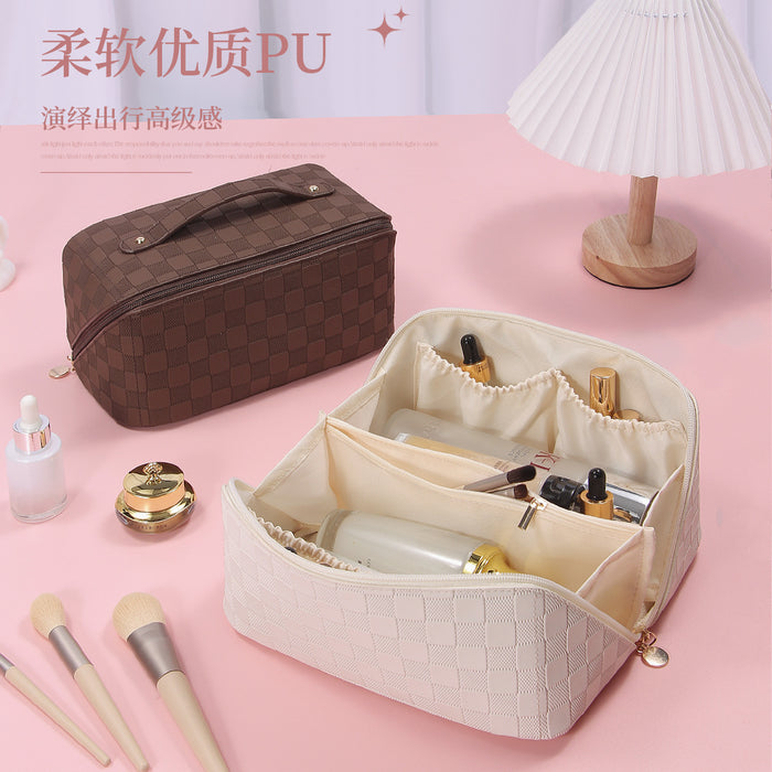 Wholesale PU Leather Makeup Bag Checkered Pillow Bag Large Capacity Toilet Bag Multi functional Waterproof Storage Bag