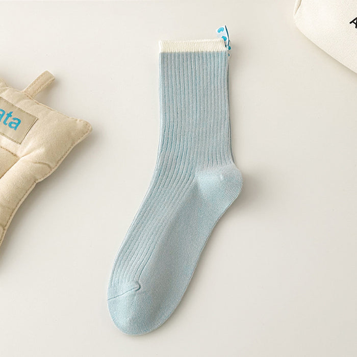 Wholesale Spring/Summer Cream Blue Striped Heel Love Cloth Label Middle Tube Stacked Socks