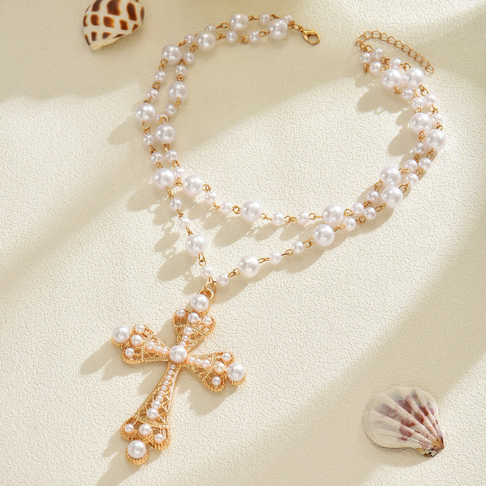 Wholesale Pearl studded cross necklace, high-end women's accessories