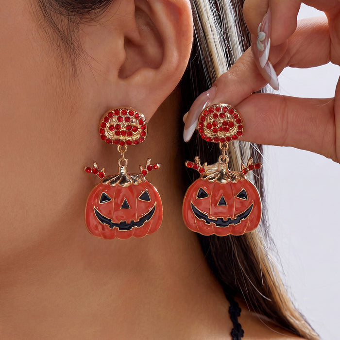Wholesale Dark Drip Oil Rhinestone Earrings Skull Pumpkin Bat Design Alloy Party Wear